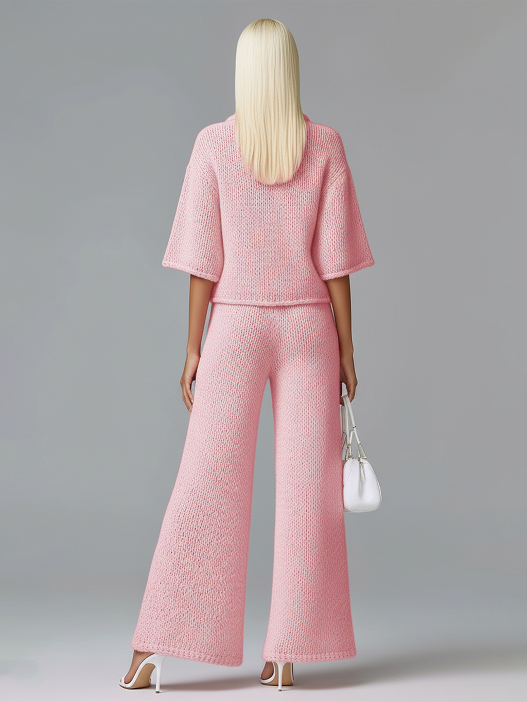 Chic Elegant  Zipper-Up Lapel Collar Half-sleeve Loose Sweater Wide-Leg Pants Knit Two-Piece Set
