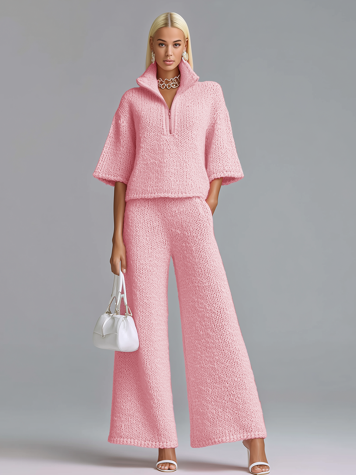 Chic Elegant  Zipper-Up Lapel Collar Half-sleeve Loose Sweater Wide-Leg Pants Knit Two-Piece Set