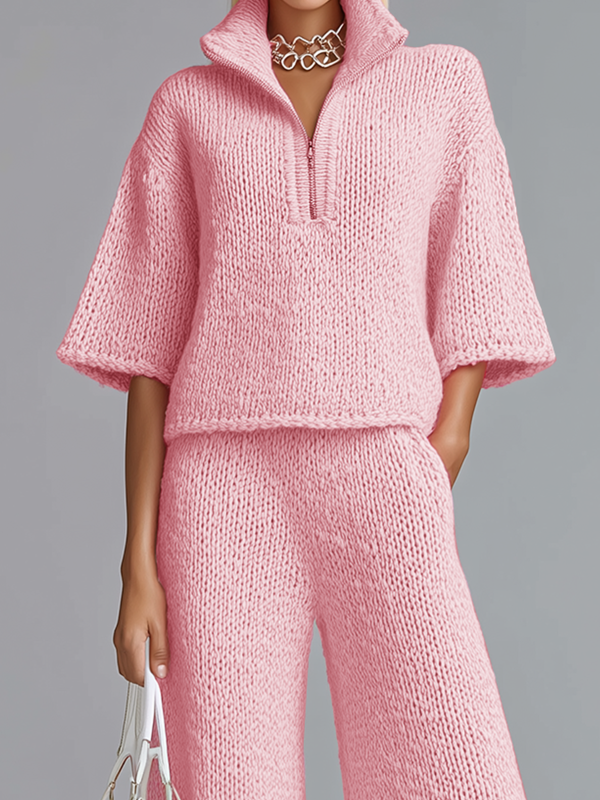 Chic Elegant  Zipper-Up Lapel Collar Half-sleeve Loose Sweater Wide-Leg Pants Knit Two-Piece Set
