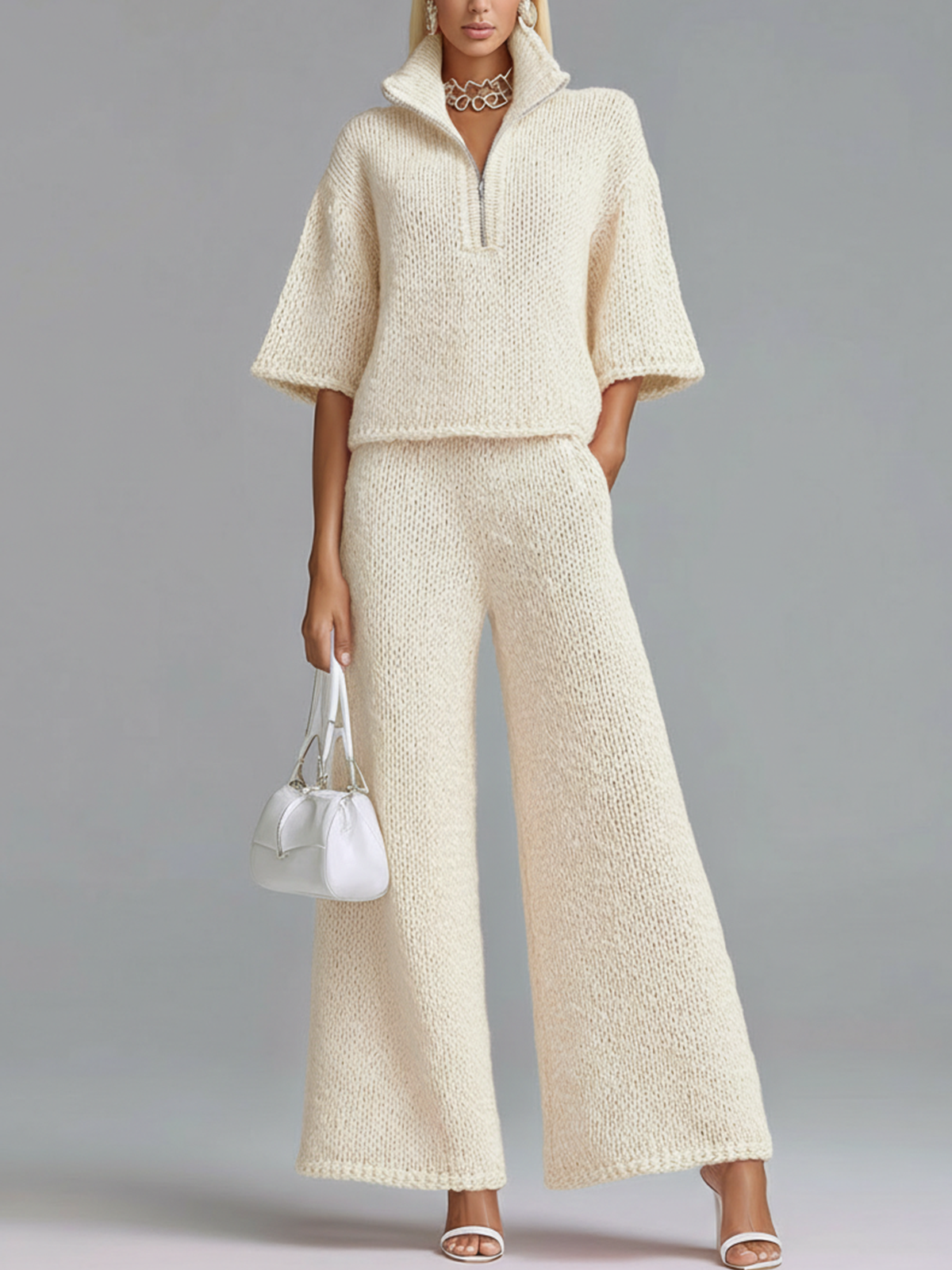 Chic Elegant  Zipper-Up Lapel Collar Half-sleeve Loose Sweater Wide-Leg Pants Knit Two-Piece Set