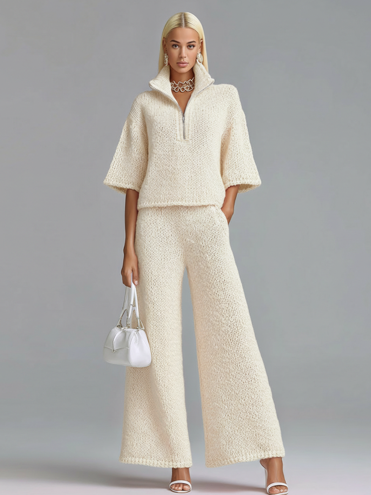 Chic Elegant  Zipper-Up Lapel Collar Half-sleeve Loose Sweater Wide-Leg Pants Knit Two-Piece Set