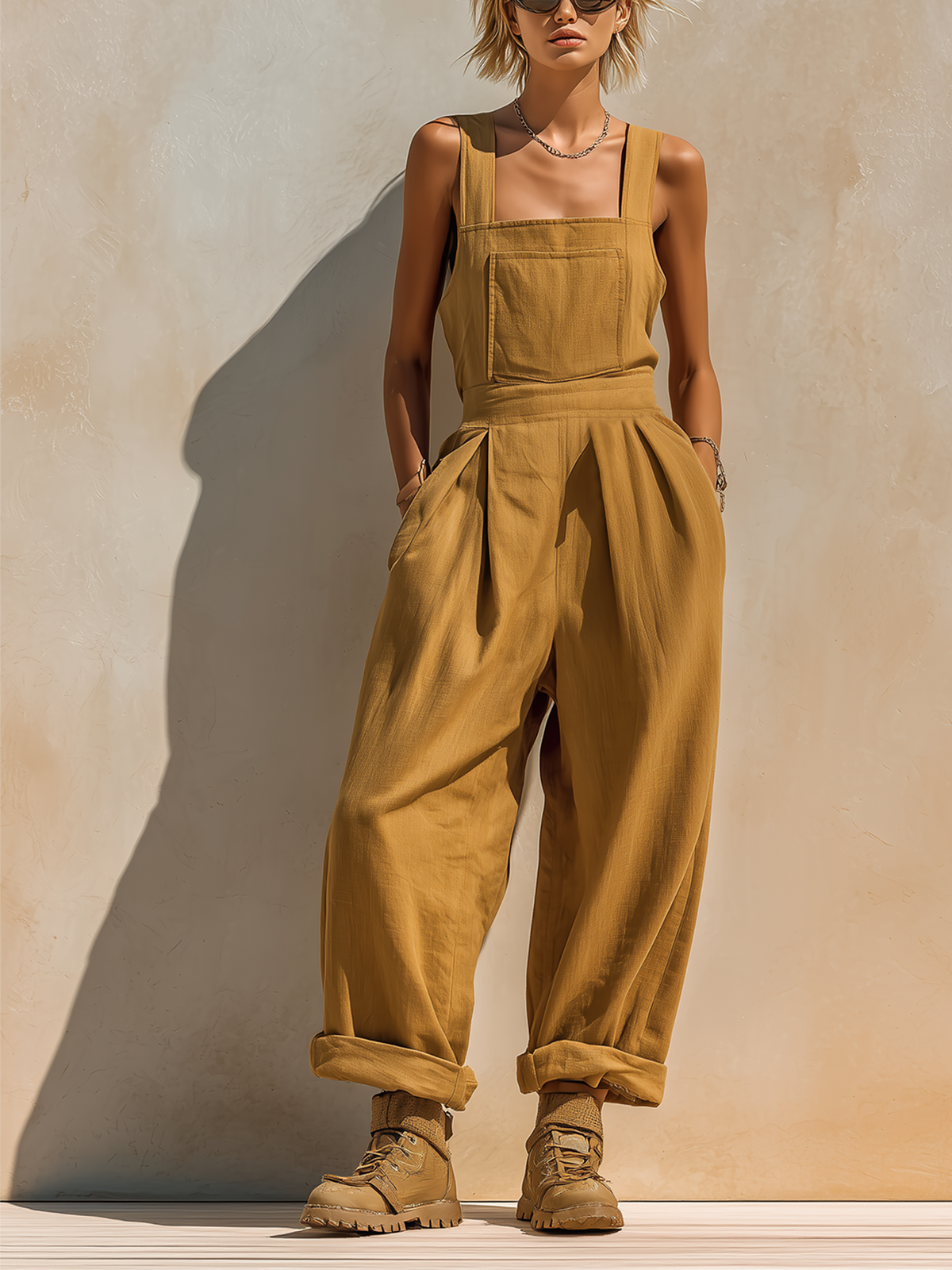 Chic Casual Ginger Yellow Wide Strap Square-Neck Sleeveless Tailored-Waist Loose-Fit Cotton-Linen Blend Jumpsuit