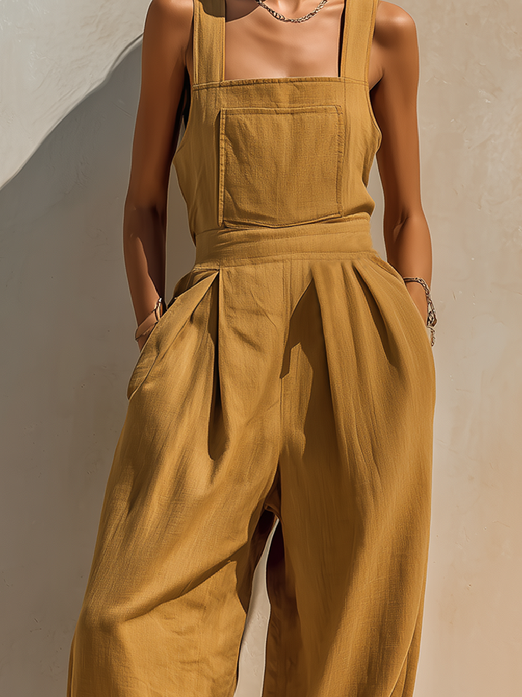 Chic Casual Ginger Yellow Wide Strap Square-Neck Sleeveless Tailored-Waist Loose-Fit Cotton-Linen Blend Jumpsuit