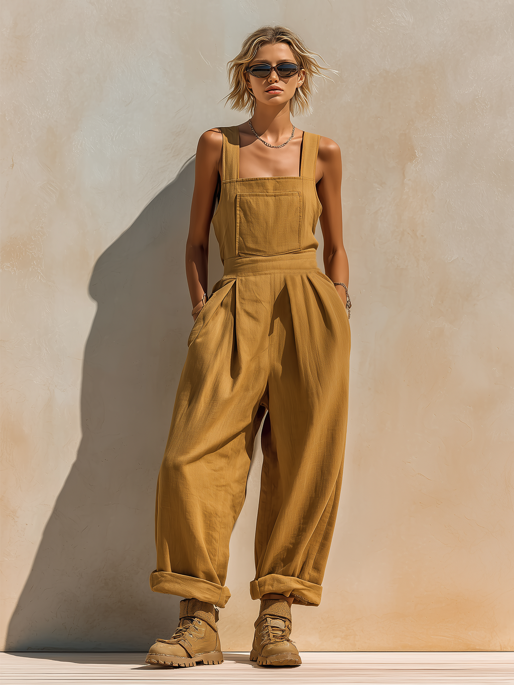 Chic Casual Ginger Yellow Wide Strap Square-Neck Sleeveless Tailored-Waist Loose-Fit Cotton-Linen Blend Jumpsuit