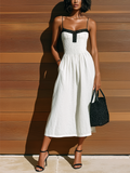 Chic Elegant White Spaghetti Straps Square-Neck Lace Trim Sleeveless Elastic-Waist A-Line Cotton Blend Midi Dress