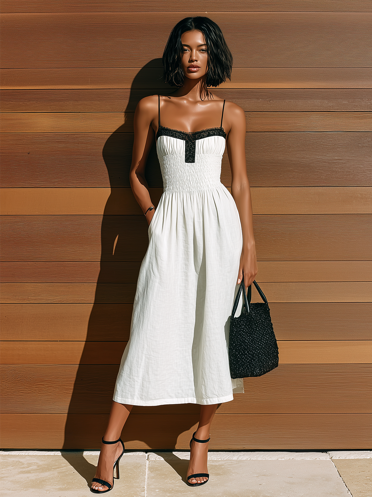 Chic Elegant White Spaghetti Straps Square-Neck Lace Trim Sleeveless Elastic-Waist A-Line Cotton Blend Midi Dress
