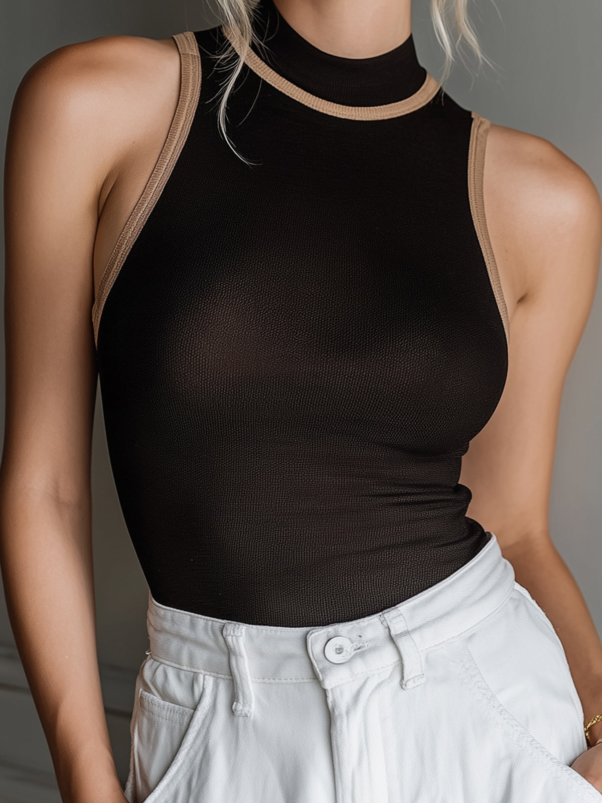 Chic Casual Black Round-Neck Sleeveless Contrast Trim Detail Slim-Fit Knit Tank Top