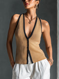Chic Elegant Camel Deep V-Neck Sleeveless Button-Front Contrast Trim Detail Slim-Fit Knit Vest Top