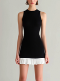 Chic Elegant Black Round-Neck Sleeveless Chiffon Ruffle Patchwork Details Bodycon Knit Mini Dress