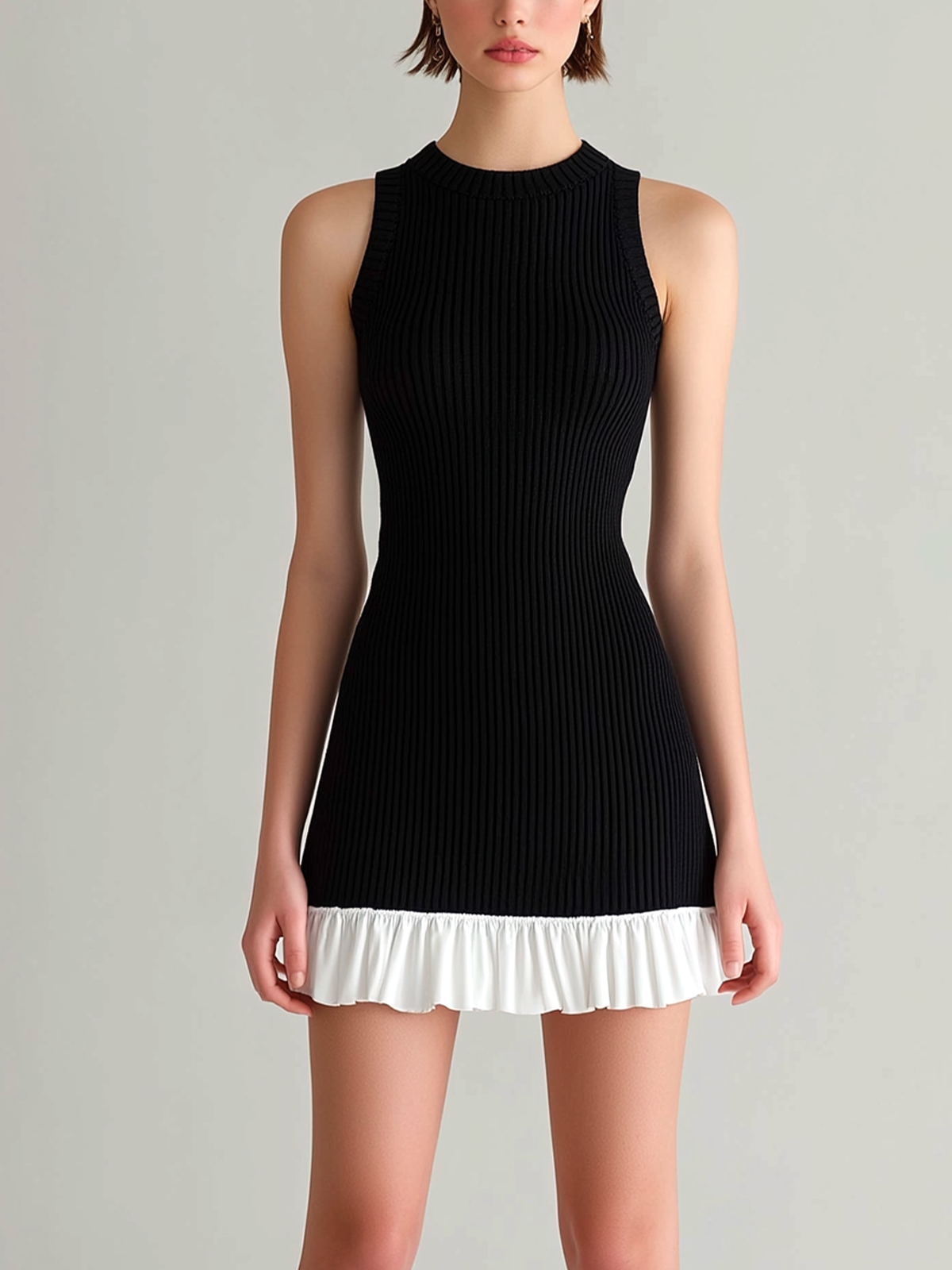 Chic Elegant Black Round-Neck Sleeveless Chiffon Ruffle Patchwork Details Bodycon Knit Mini Dress