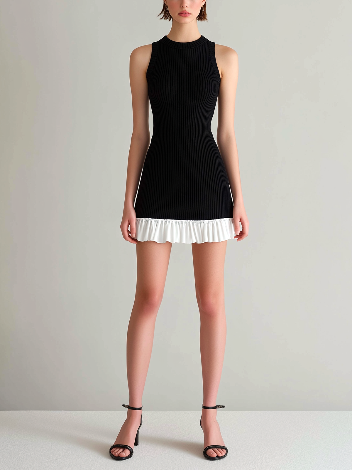 Chic Elegant Black Round-Neck Sleeveless Chiffon Ruffle Patchwork Details Bodycon Knit Mini Dress