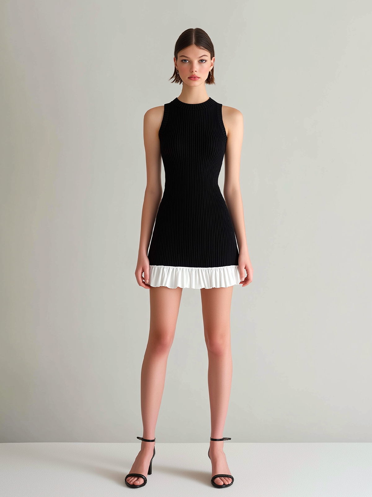 Chic Elegant Black Round-Neck Sleeveless Chiffon Ruffle Patchwork Details Bodycon Knit Mini Dress
