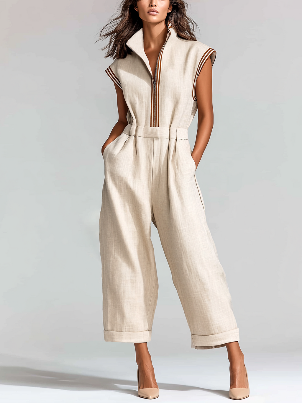 Chic Casual White Colorblock Cotton-Linen Blend Stand-collar Zipper-Front Sleeveless Elastic-Waist Cropped Wide-Leg Jumpsuit
