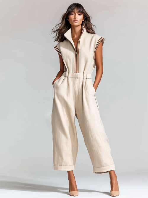 Chic Casual White Colorblock Cotton-Linen Blend Stand-collar Zipper-Front Sleeveless Elastic-Waist Cropped Wide-Leg Jumpsuit