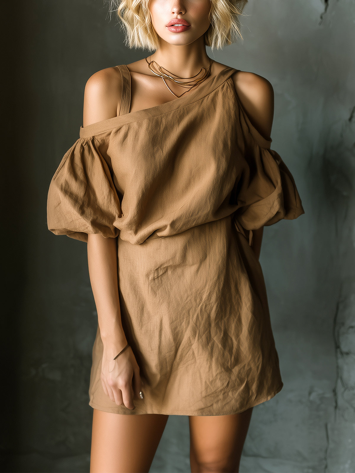 Chic Elegant Camel Cotton-Linen Blend Shoulder Strap Detail Short-Sleeve Elastic-Waist Loose-Fit Mini Dress