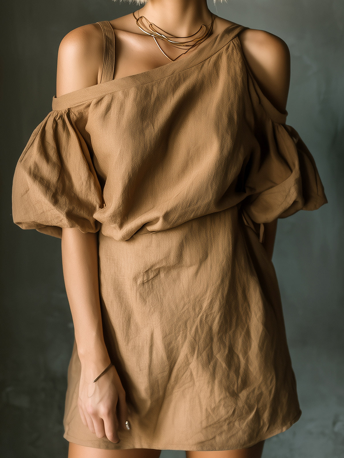 Chic Elegant Camel Cotton-Linen Blend Shoulder Strap Detail Short-Sleeve Elastic-Waist Loose-Fit Mini Dress