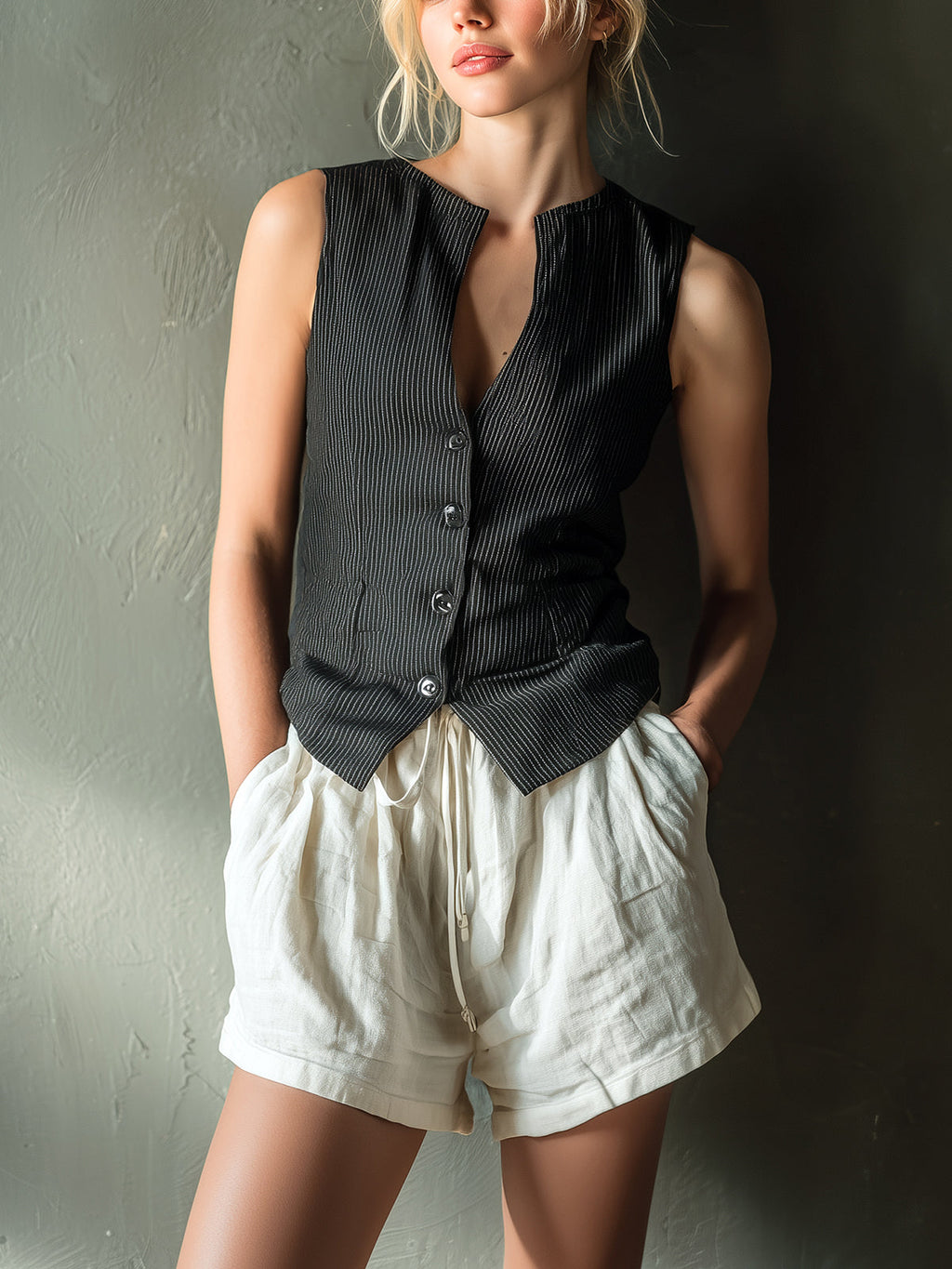Chic Casual Black Pinstripe Round Neck Single-Breasted Slim-Fit Vest White Drawstring-Waist Shorts Linen Blend Two-Piece Set