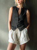 Chic Casual Black Pinstripe Round Neck Single-Breasted Slim-Fit Vest White Drawstring-Waist Shorts Linen Blend Two-Piece Set