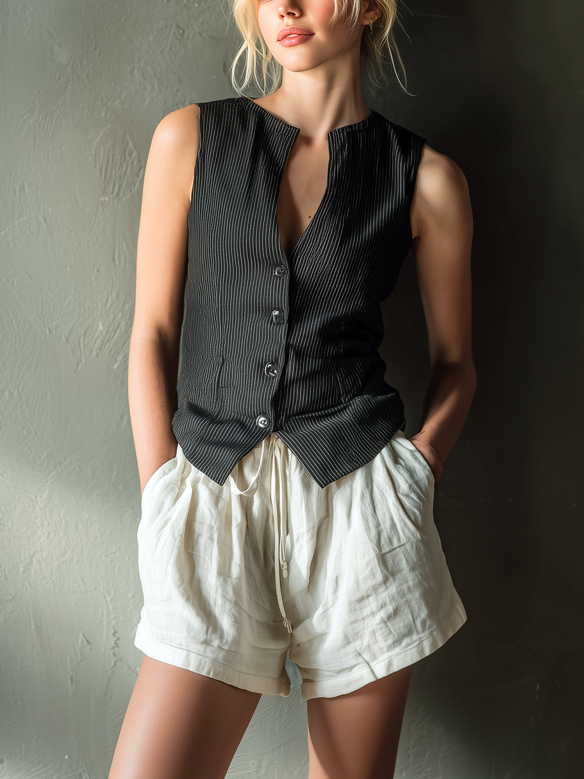 Chic Casual Black Pinstripe Round Neck Single-Breasted Slim-Fit Vest White Drawstring-Waist Shorts Linen Blend Two-Piece Set