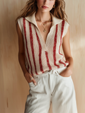 Chic Casual Beige-Red Stripes Lapel Collar V-Neck Sleeveless Loose-Fit Knit Vest Top