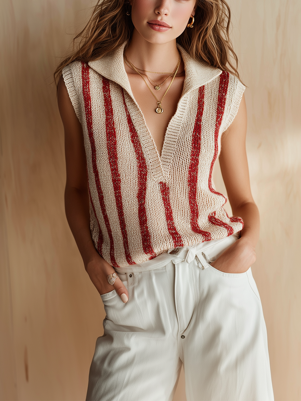 Chic Casual Beige-Red Stripes Lapel Collar V-Neck Sleeveless Loose-Fit Knit Vest Top