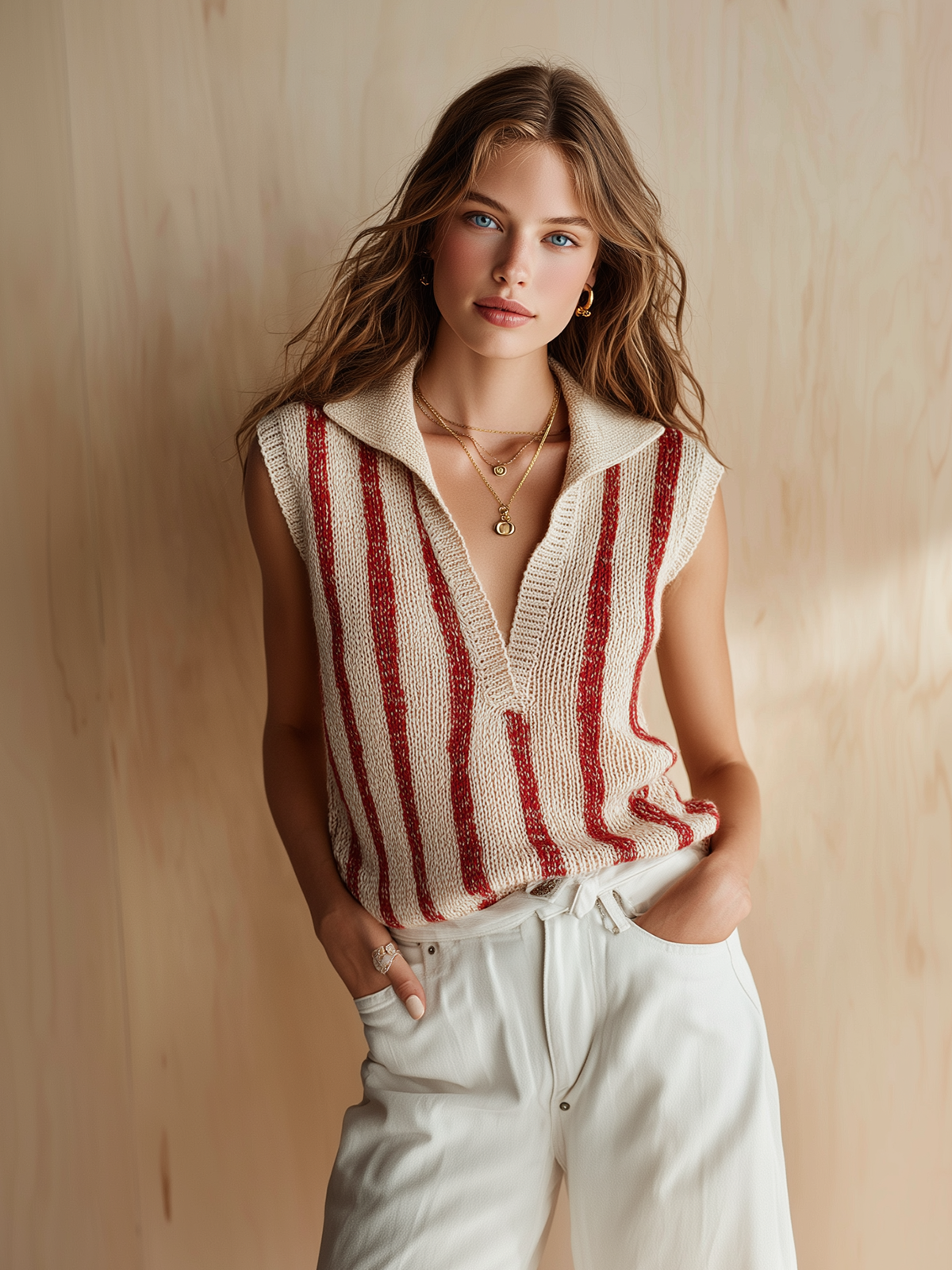 Chic Casual Beige-Red Stripes Lapel Collar V-Neck Sleeveless Loose-Fit Knit Vest Top