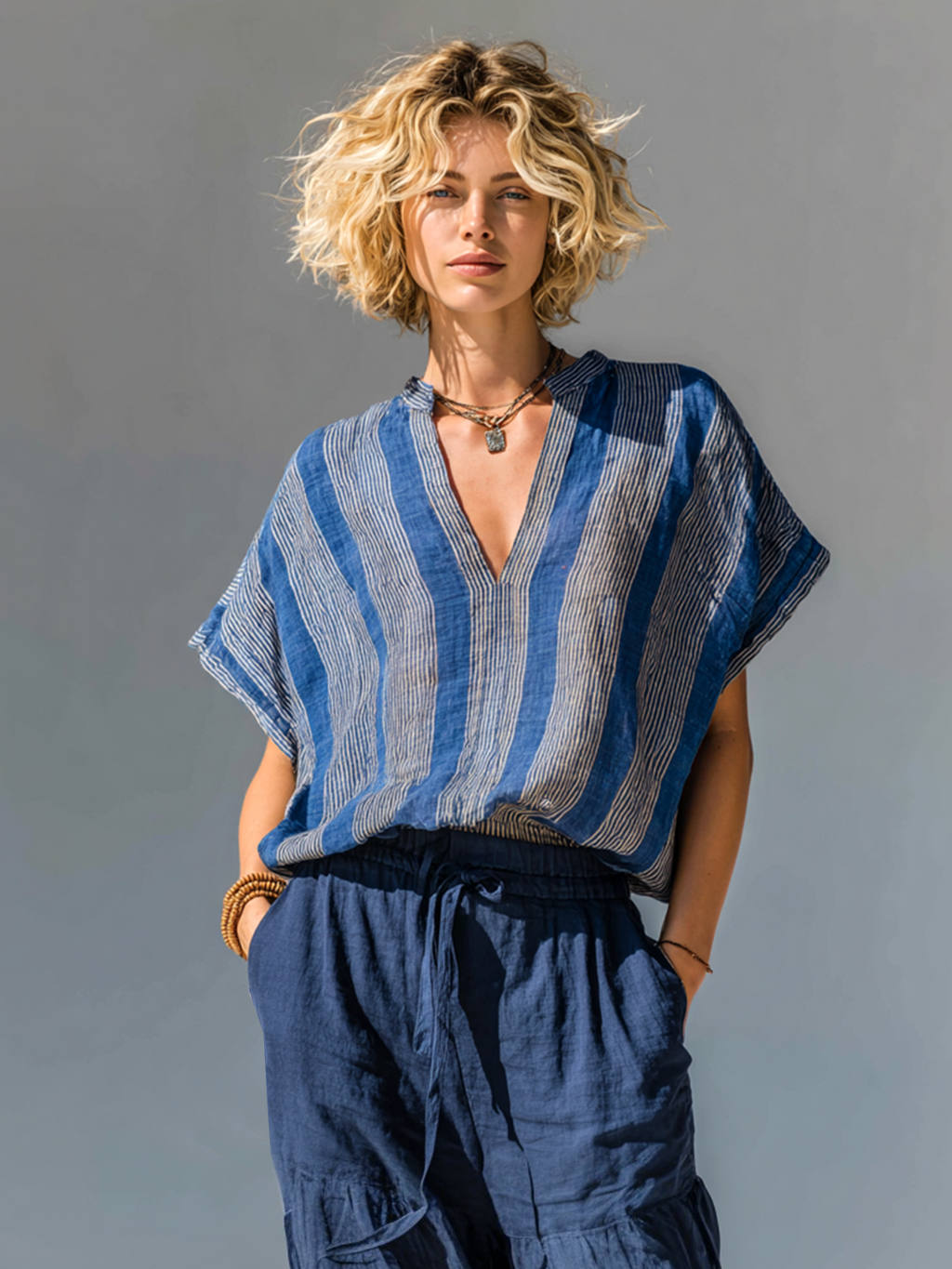 Chic Casual Blue Stripes Stand-Collar V-Neck Batwing Sleeve Loose-Fit Cotton-Linen Blend  Shirt Top