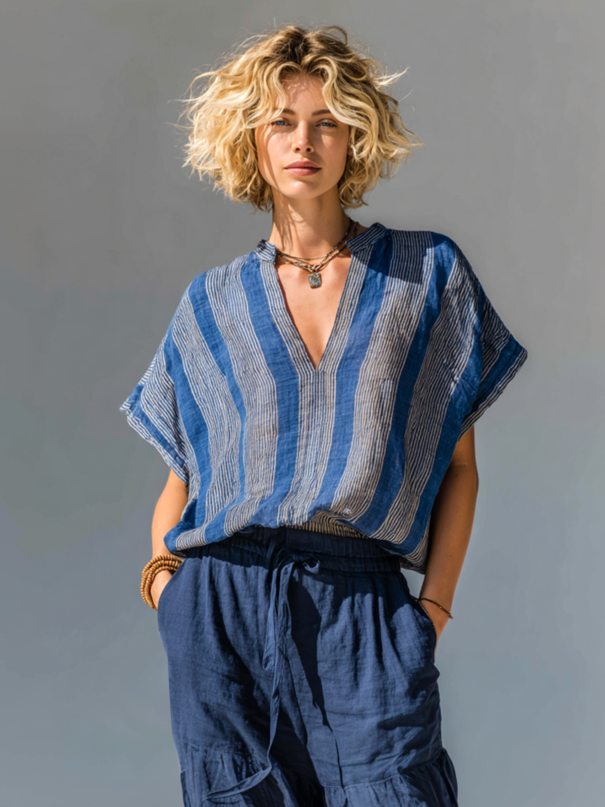 Chic Casual Blue Stripes Stand-Collar V-Neck Batwing Sleeve Loose-Fit Cotton-Linen Blend  Shirt Top