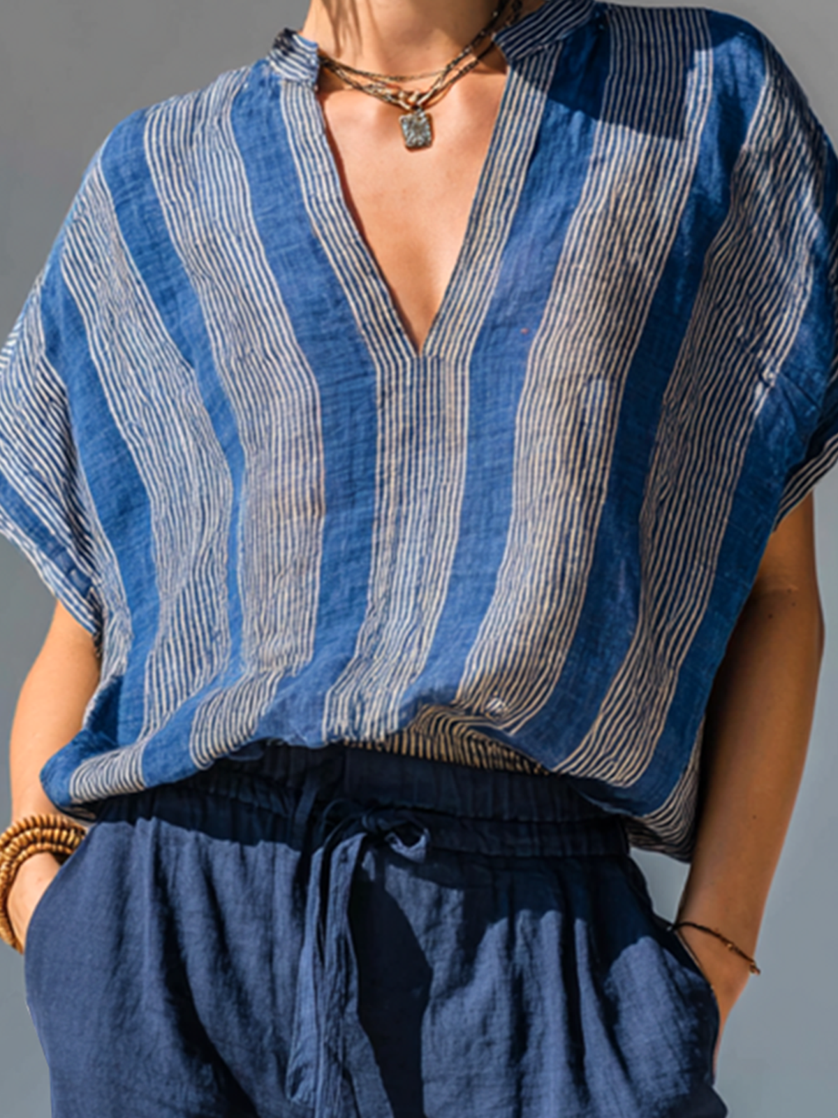 Chic Casual Blue Stripes Stand-Collar V-Neck Batwing Sleeve Loose-Fit Cotton-Linen Blend  Shirt Top