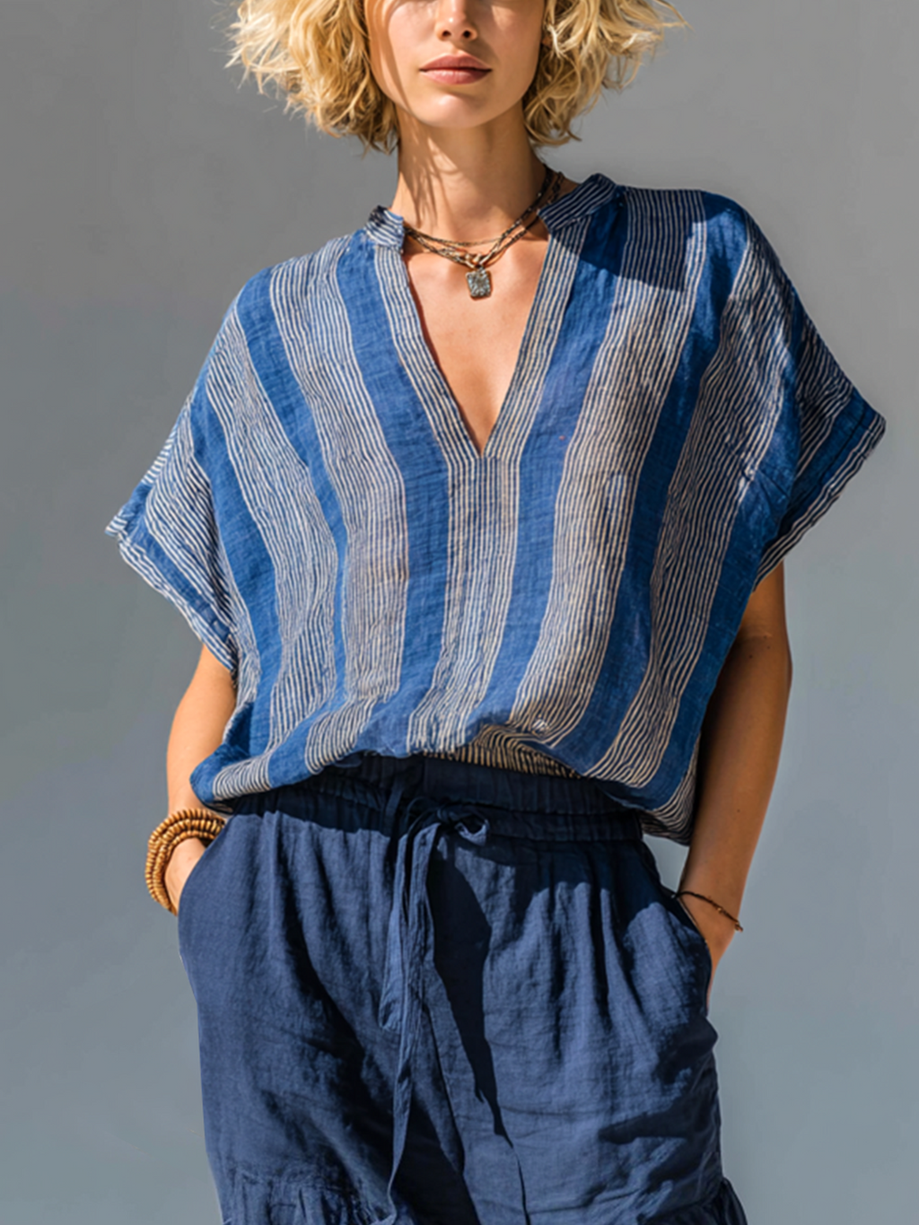 Chic Casual Blue Stripes Stand-Collar V-Neck Batwing Sleeve Loose-Fit Cotton-Linen Blend  Shirt Top