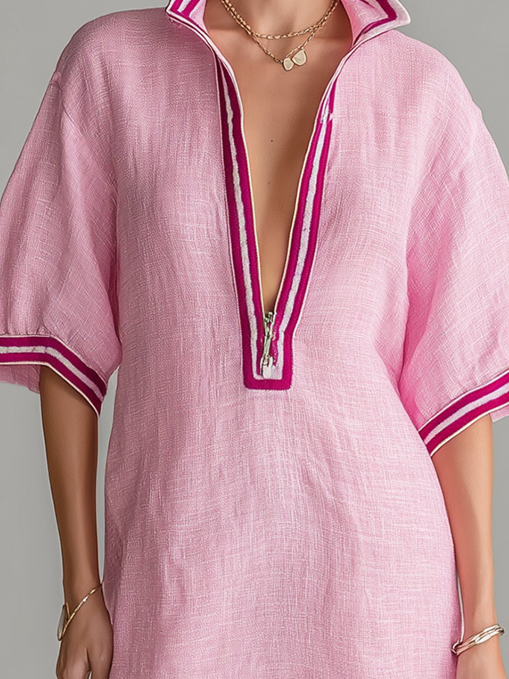Chic Casual Pink Colorblock  Stand-Collar Zipper-Front Short-Sleeve Loose-Fit Cotton-Linen Blend  Mini Dress