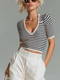 Chic Casual White-Blue Stripe V-Neck Short-Sleeve Slim-Fit Knit Sweater Top