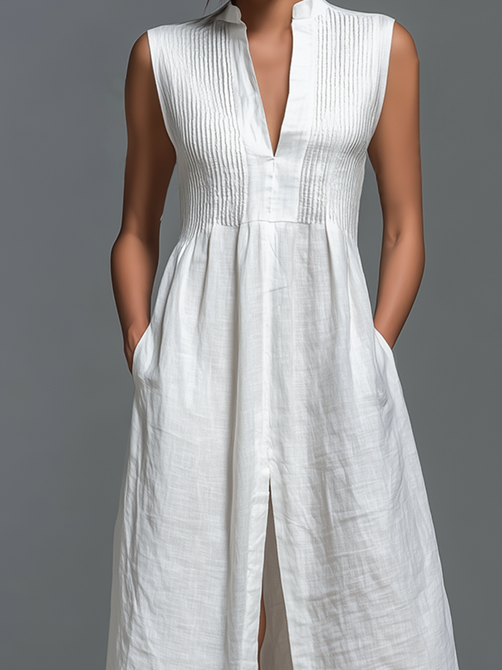 Chic Casual White Stand-Collar V-Neck Smocked Bust Sleeveless Front-Slit Loose-Fit A-Line Cotton-Linen Blend Maxi Dress
