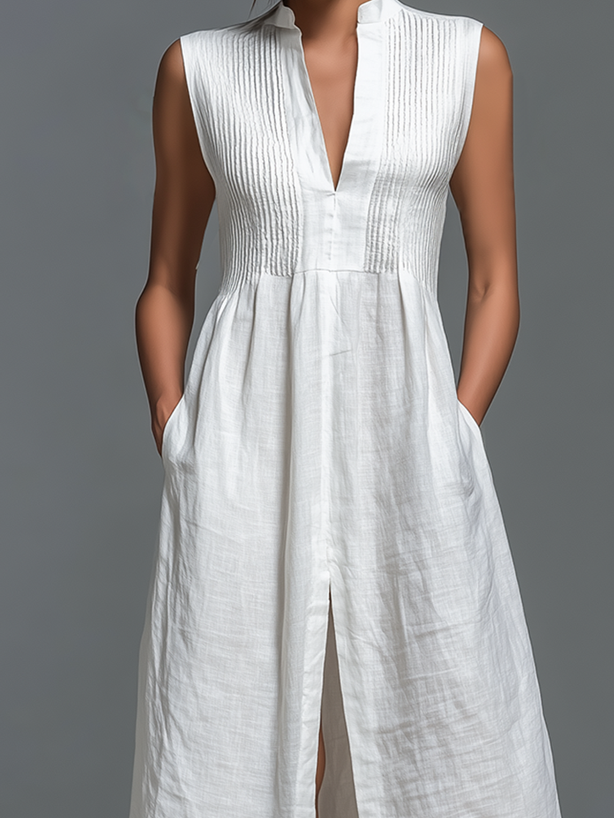 Chic Casual White Stand-Collar V-Neck Smocked Bust Sleeveless Front-Slit Loose-Fit A-Line Cotton-Linen Blend Maxi Dress