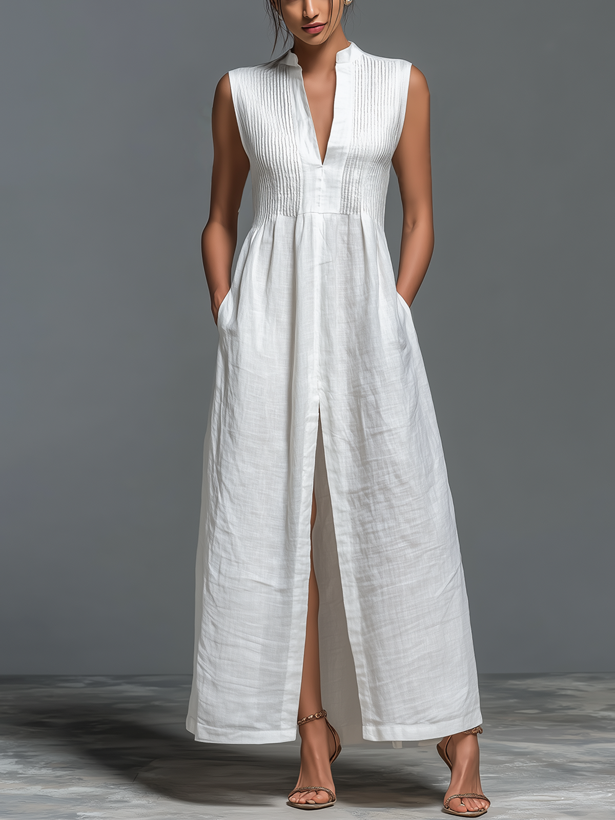 Chic Casual White Stand-Collar V-Neck Smocked Bust Sleeveless Front-Slit Loose-Fit A-Line Cotton-Linen Blend Maxi Dress