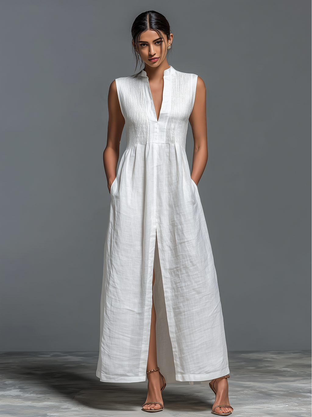 Chic Casual White Stand-Collar V-Neck Smocked Bust Sleeveless Front-Slit Loose-Fit A-Line Cotton-Linen Blend Maxi Dress