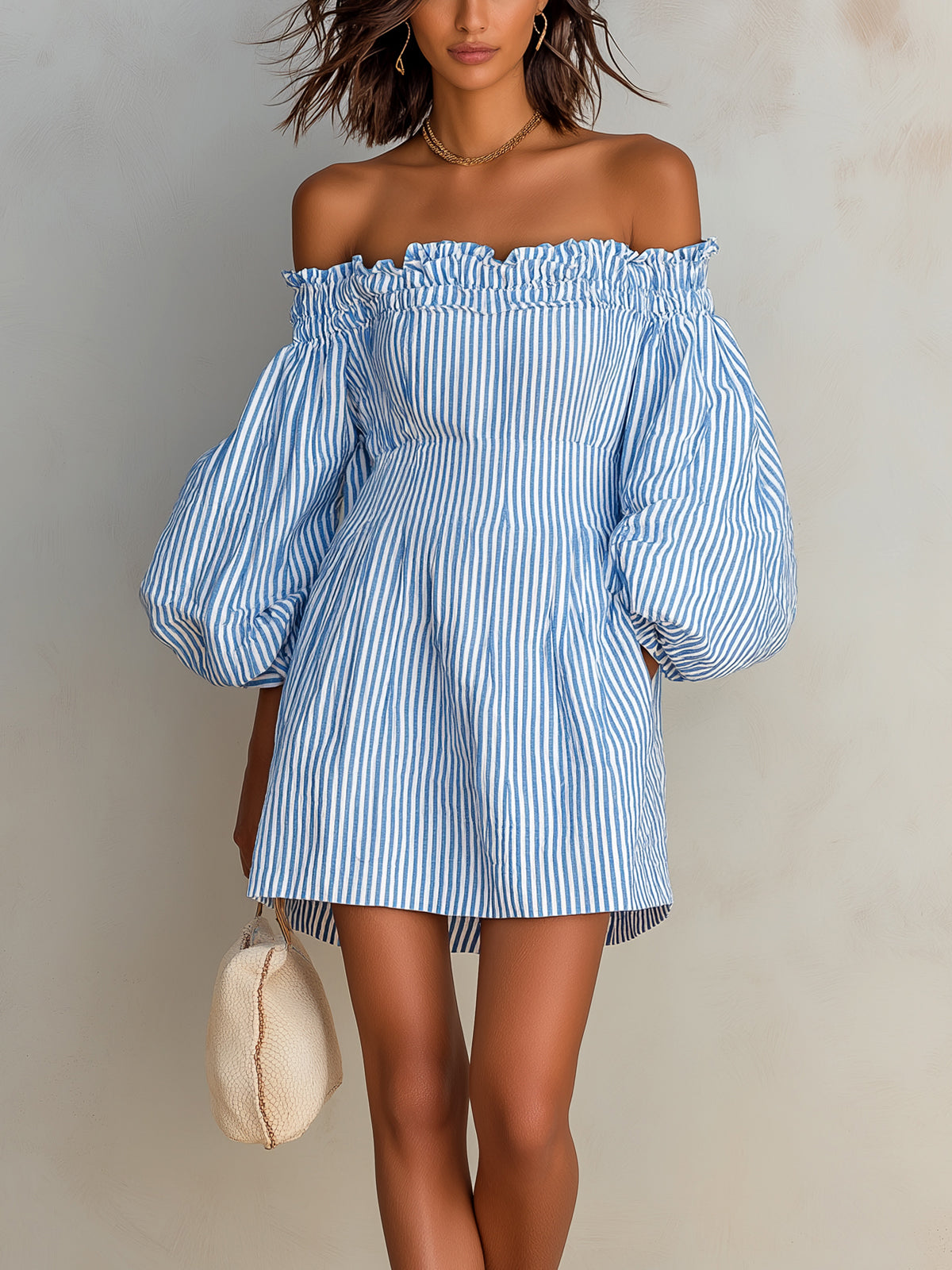Chic Casual Blue-White Stripes Cotton-Linen Blend Elastic Off-The-Shoulder Lantern-Sleeve Tailored-Waist Mini Dress
