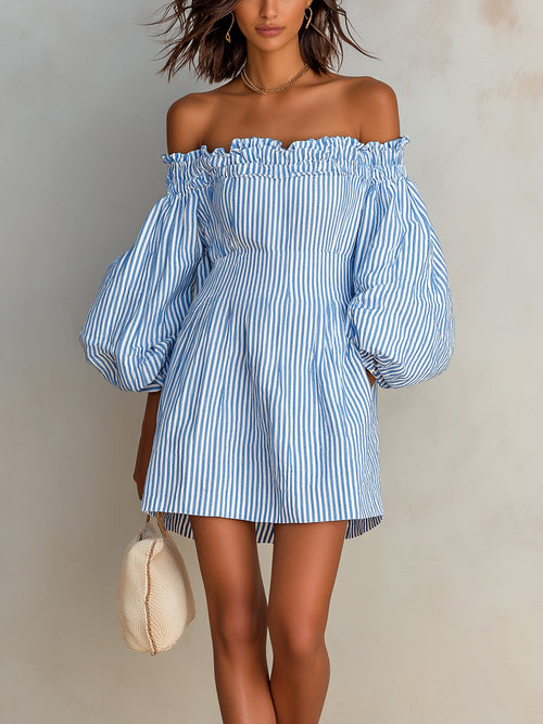 Chic Casual Blue-White Stripes Cotton-Linen Blend Elastic Off-The-Shoulder Lantern-Sleeve Tailored-Waist Mini Dress
