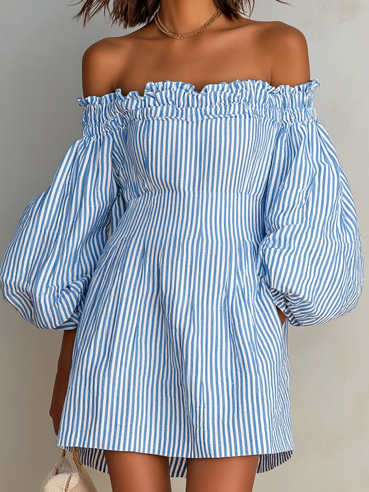 Chic Casual Blue-White Stripes Cotton-Linen Blend Elastic Off-The-Shoulder Lantern-Sleeve Tailored-Waist Mini Dress