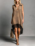 Chic Elegant Camel Lapel V-Neck Sleeveless Loose-Fit Asymmetrical Hem Lace Detail Breathable Knit Midi Dress