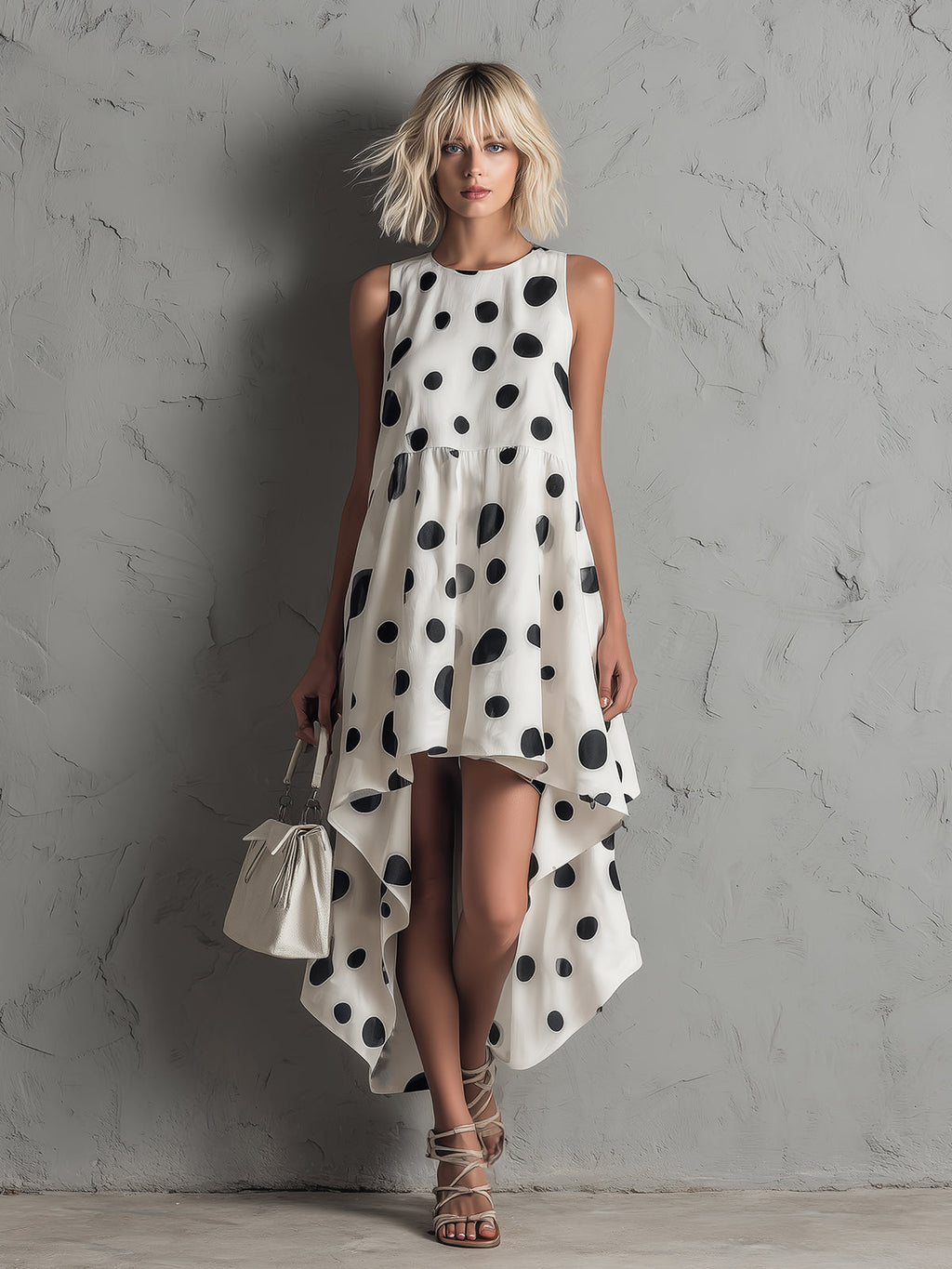 Chic Elegant White-Black Dots Pattern Round-Neck Sleeveless Loose-Fit Pleats Asymmetrical Hem Midi Dress