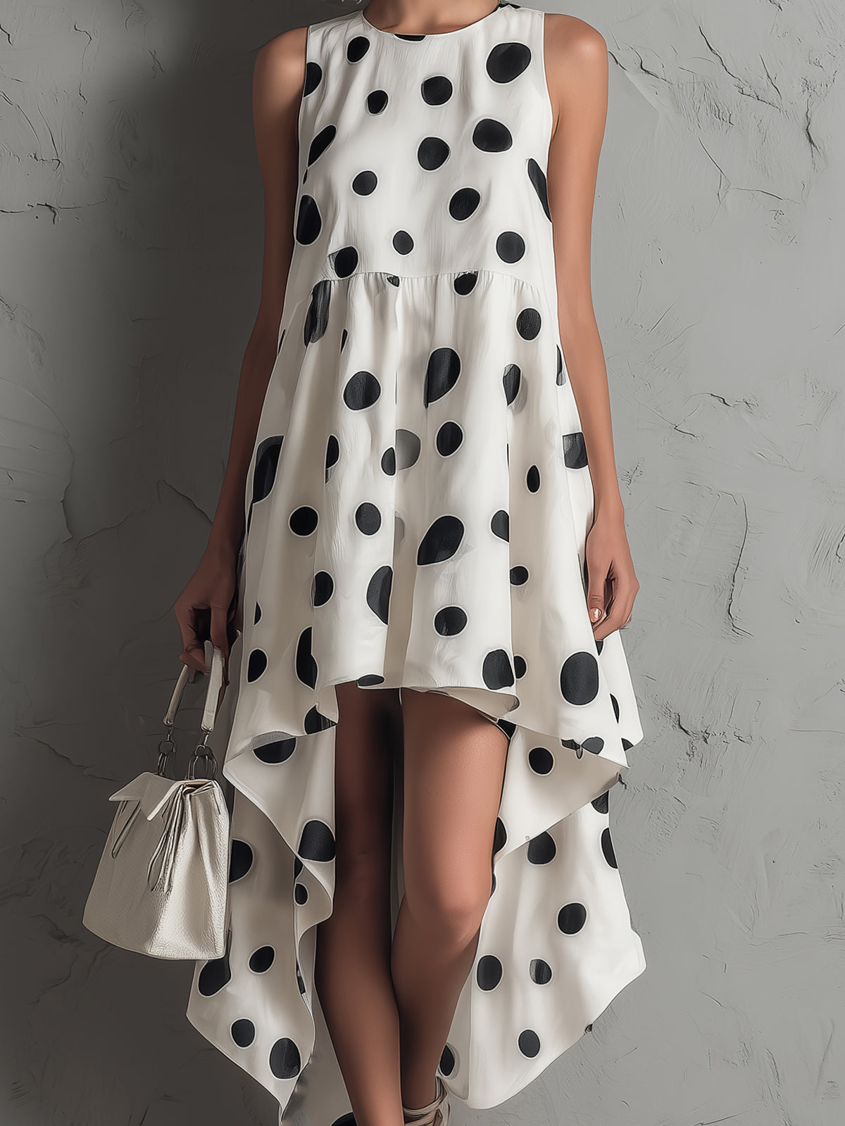 Chic Elegant White-Black Dots Pattern Round-Neck Sleeveless Loose-Fit Pleats Asymmetrical Hem Midi Dress