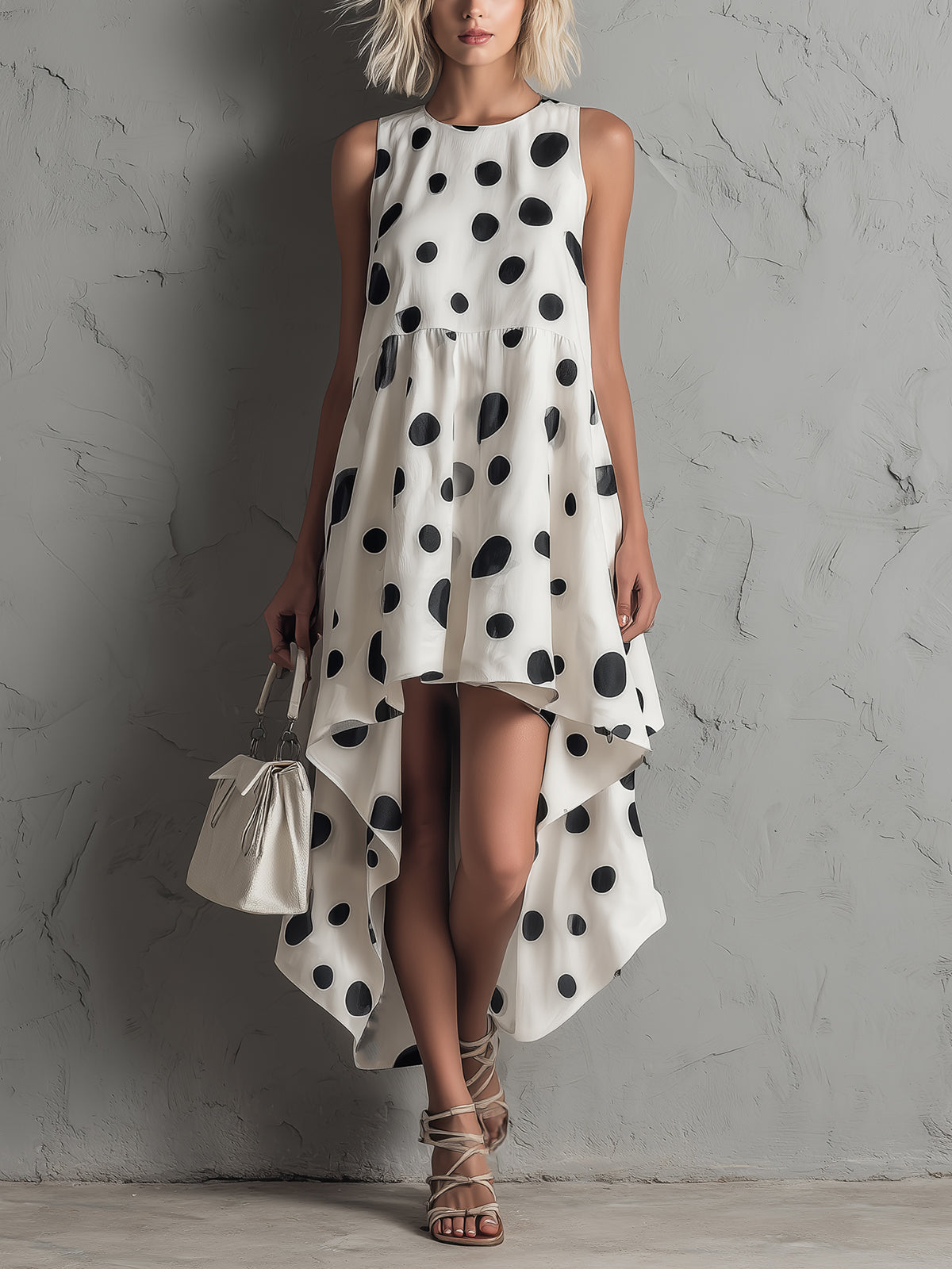 Chic Elegant White-Black Dots Pattern Round-Neck Sleeveless Loose-Fit Pleats Asymmetrical Hem Midi Dress
