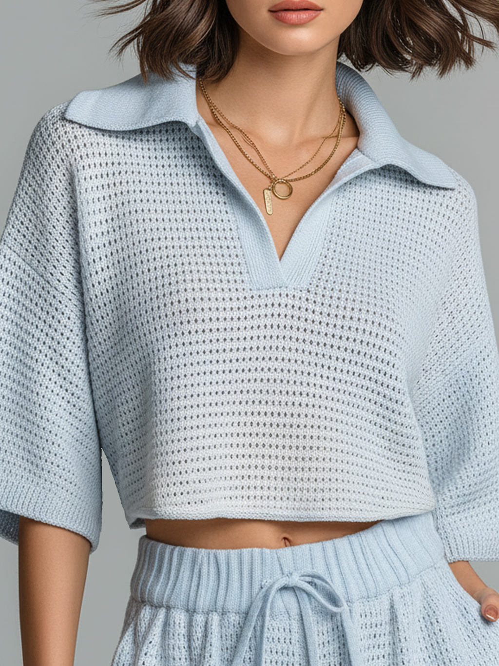 Chic Casual Light Blue Lapel Collar V-Neck Short-Sleeve Loose-Fit Mesh-Knit Shirt Top