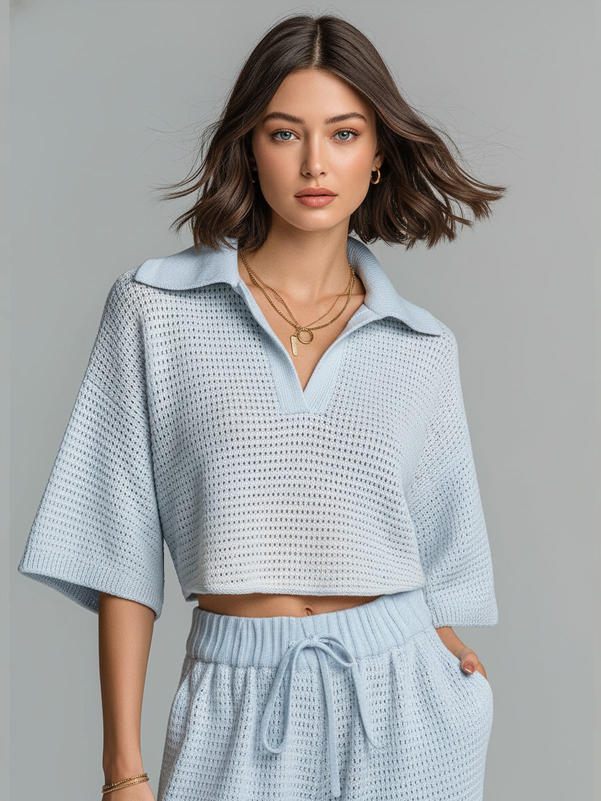Chic Casual Light Blue Lapel Collar V-Neck Short-Sleeve Loose-Fit Mesh-Knit Shirt Top