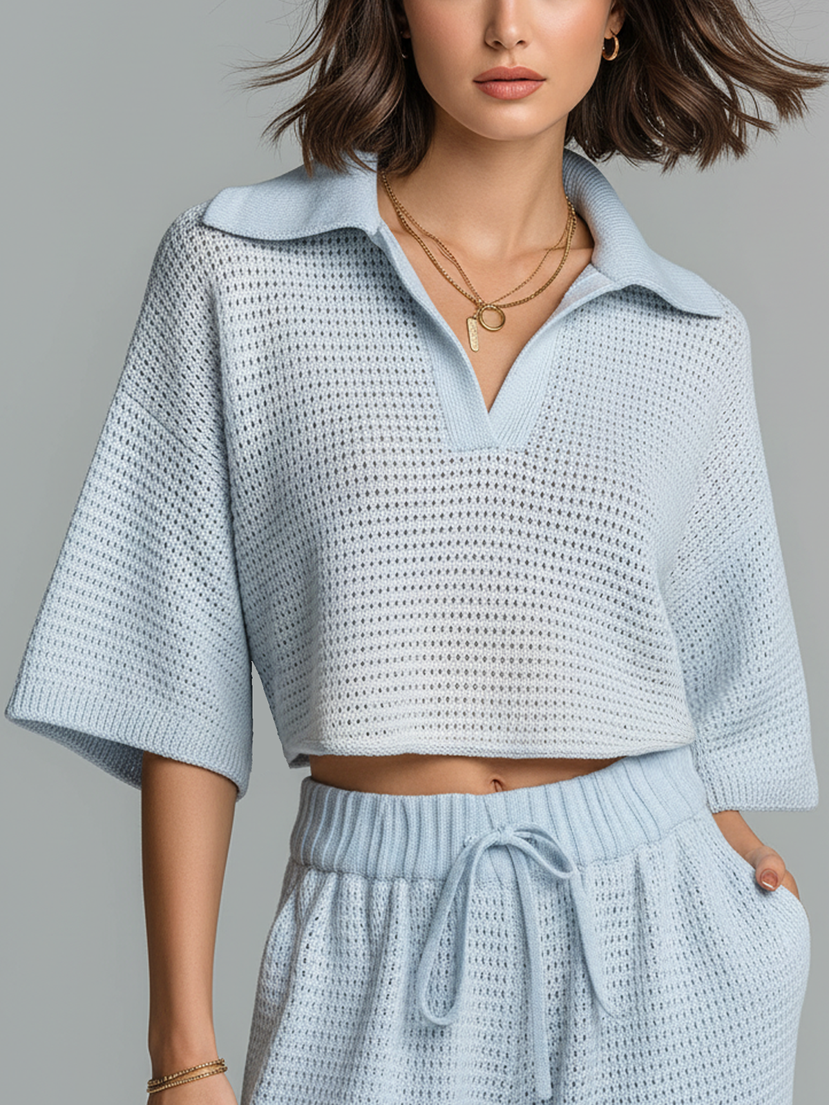 Chic Casual Light Blue Lapel Collar V-Neck Short-Sleeve Loose-Fit Mesh-Knit Shirt Top