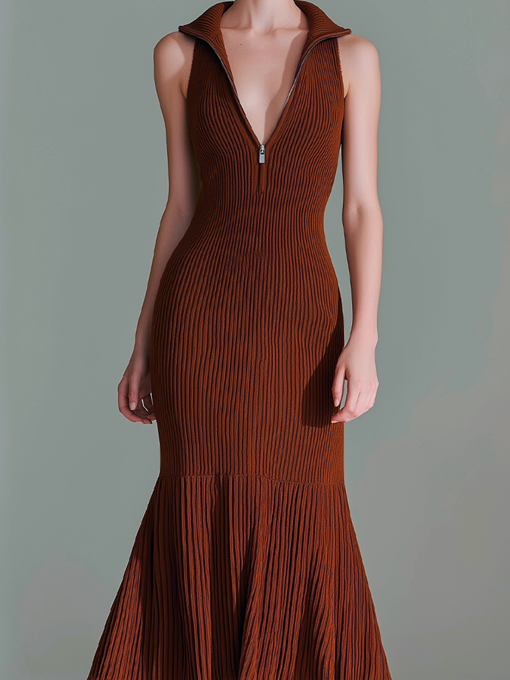 Chic Elegant Dark Red Deep V-Neck Sleeveless Pleated Hem Patchwork Detail Slim-Fit Ribbed Knit Midi Dress