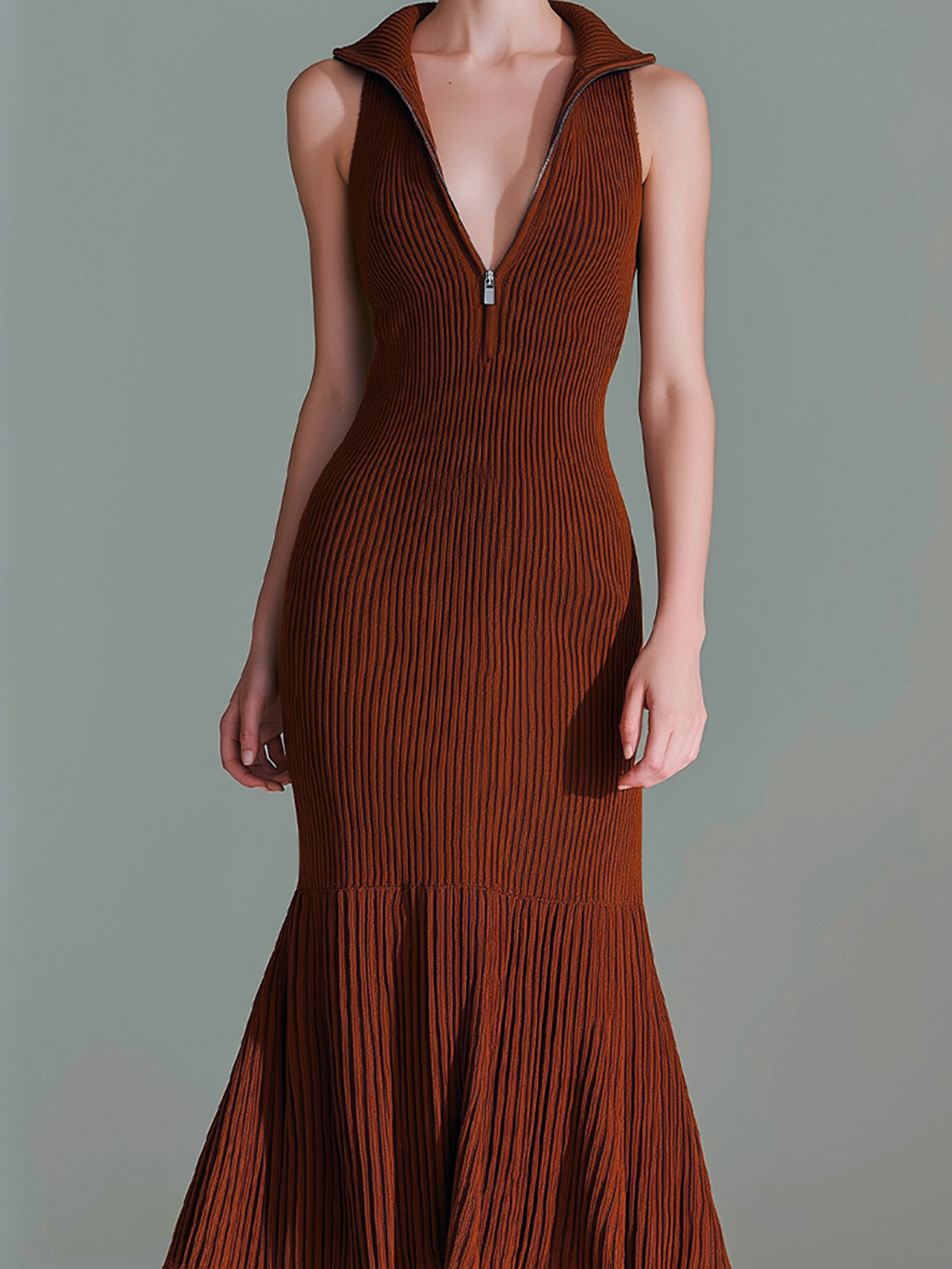 Chic Elegant Dark Red Deep V-Neck Sleeveless Pleated Hem Patchwork Detail Slim-Fit Ribbed Knit Midi Dress