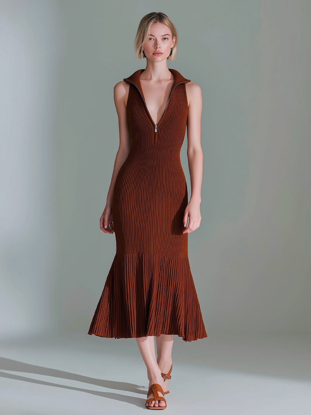 Chic Elegant Dark Red Deep V-Neck Sleeveless Pleated Hem Patchwork Detail Slim-Fit Ribbed Knit Midi Dress