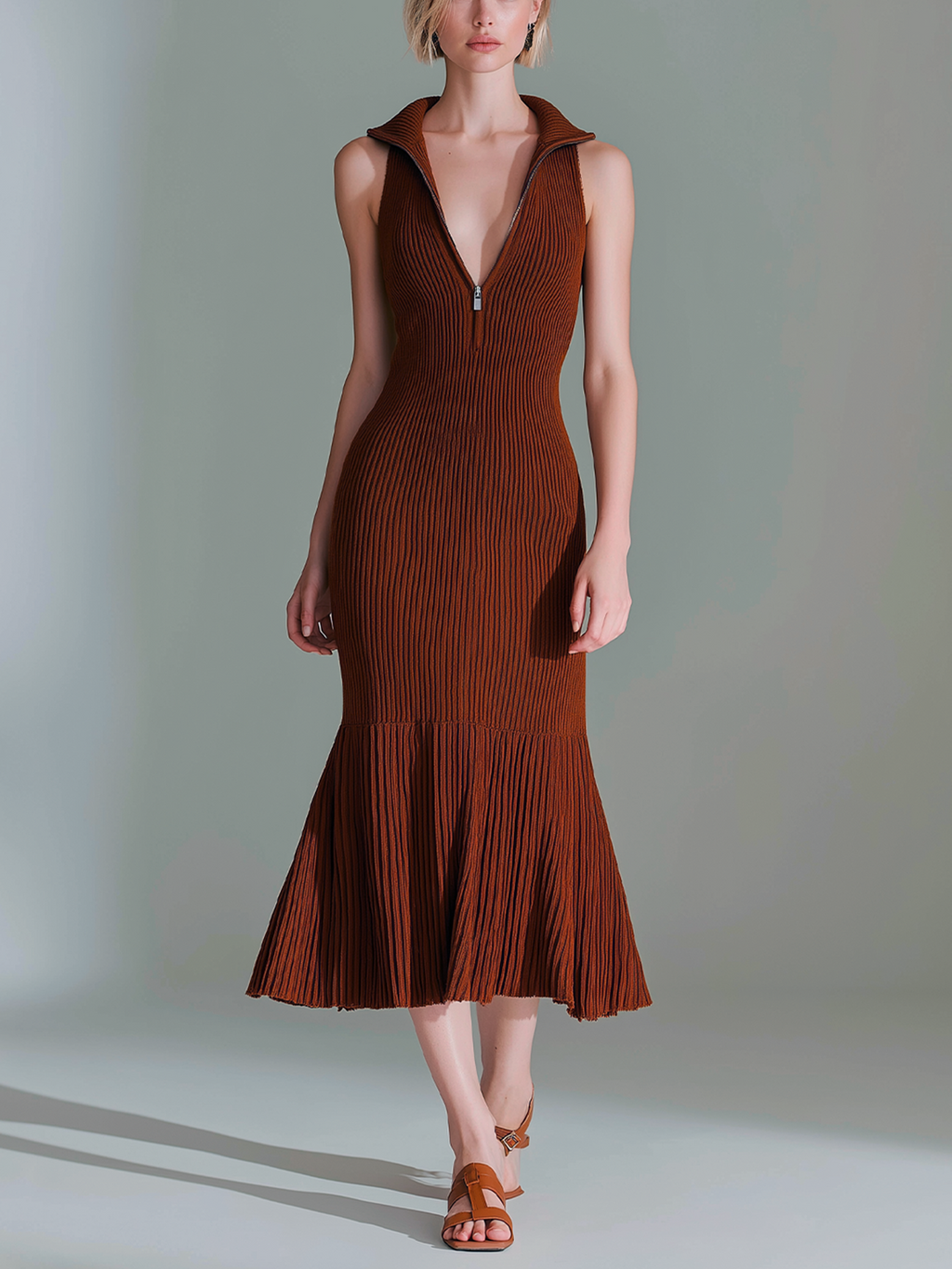 Chic Elegant Dark Red Deep V-Neck Sleeveless Pleated Hem Patchwork Detail Slim-Fit Ribbed Knit Midi Dress